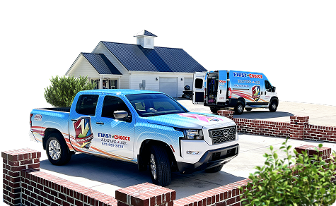 First Choice service trucks parked in front of a residential home